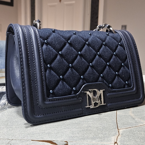 Badgley Mischka Blue Denim Quilted Crossbody Bag with Chain and Beads Strap NWT - Picture 3 of 16